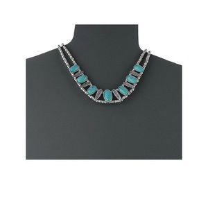 Silver Stone And Feather Double Chain Necklace